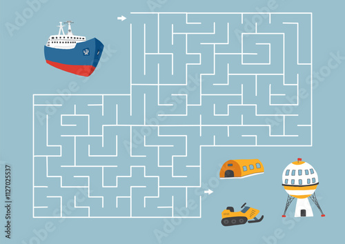 Labyrinth, Maze game for children. Logical puzzle for kids. Quest to find the right path for an icebreaker to polar station. Vector illustration