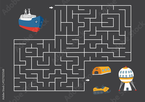 Labyrinth, Maze game for children. Logical puzzle for kids. Quest to find the right path for an icebreaker to polar station. Vector illustration