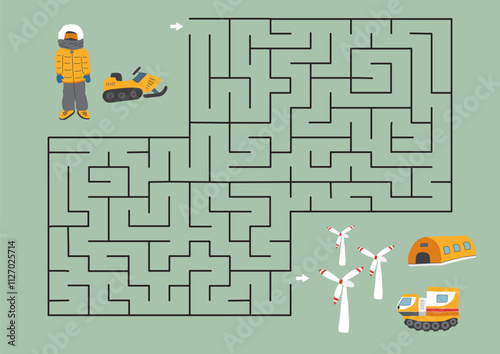 Labyrinth, Maze game for children. Logical puzzle for kids. Quest to find the right path for a polar explorer to polar station. Vector illustration.