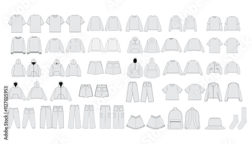Set of Clothing Mockup Template - Apparel Vector Mockups Bundle Streetwear Tech Pack Template Streetwear Mockups Clothing Brand Fashion Techpack