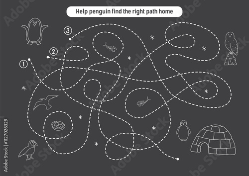 Labyrinth, Maze game for children. Logical puzzle for kids. Quest to find the right path for a penguin to his home. Vector illustration A4 - ready to print format