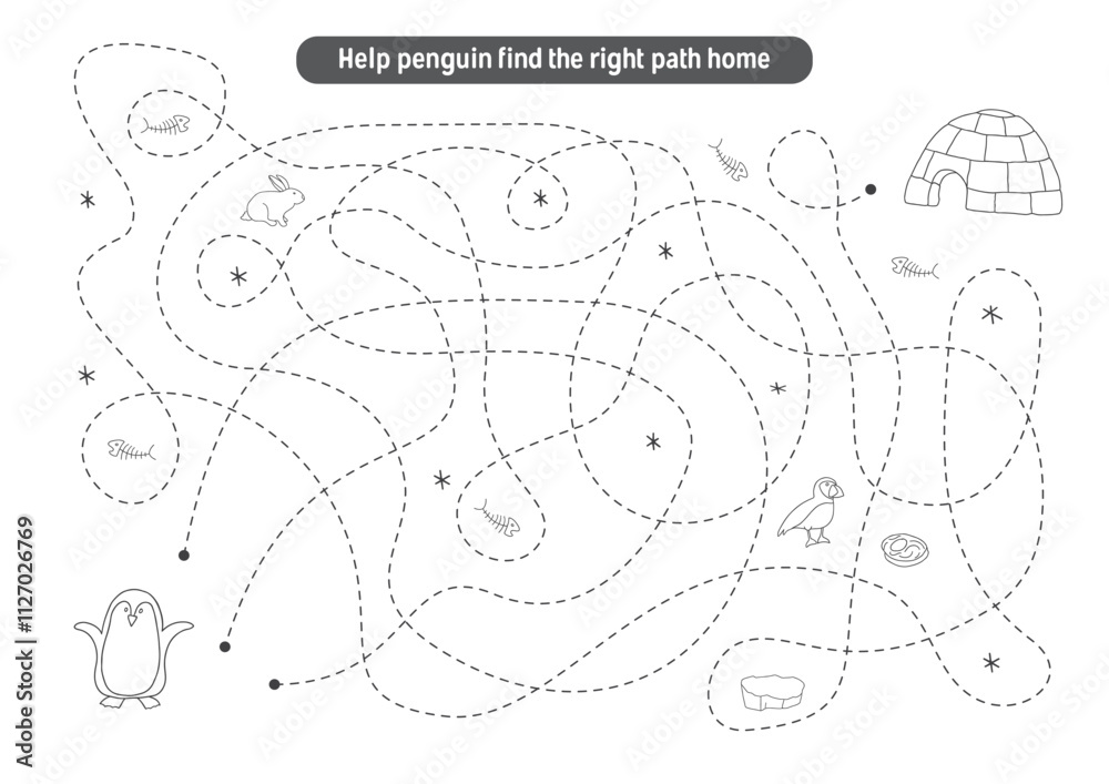 Obraz premium Labyrinth, Maze game for children. Logical puzzle for kids. Quest to find the right path for a penguin to his home. Vector illustration A4 - ready to print format