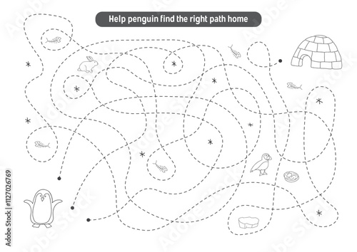 Labyrinth, Maze game for children. Logical puzzle for kids. Quest to find the right path for a penguin to his home. Vector illustration A4 - ready to print format