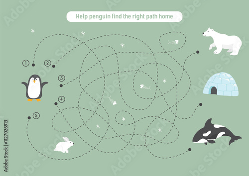 Labyrinth, Maze game for children. Logical puzzle for kids. Quest to find the right path for a penguin to his home. Vector illustration A4 - ready to print format