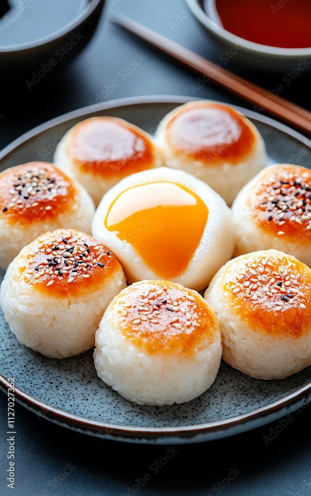 Delicious egg and rice cakes on plate Delicious egg and rice cakes on plate