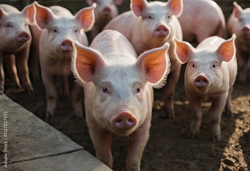 A large herd of pigs is standing among the dirt, gazing at the camera A large herd of pigs is standing among the dirt, gazing at the camera