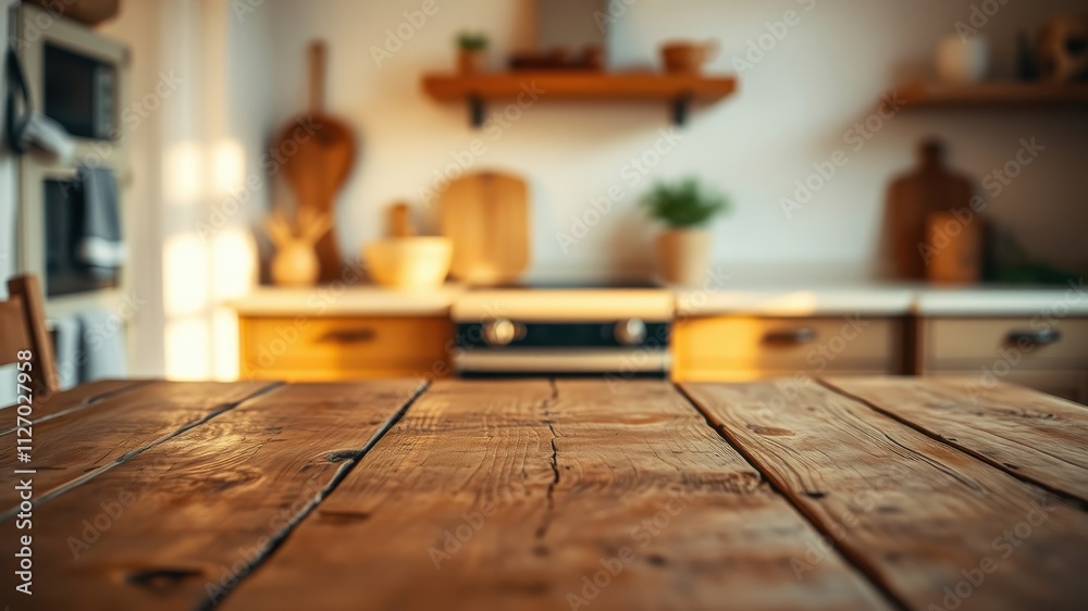 Rustic Wooden Table in a Sunlit Kitchen Setting, Ideal for Product Placement or Culinary Displays Rustic Wooden Table in a Sunlit Kitchen Setting, Ideal for Product Placement or Culinary Displays