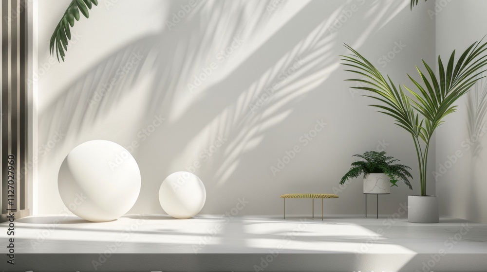 Minimalist white room with plants and shadows Minimalist white room with plants and shadows