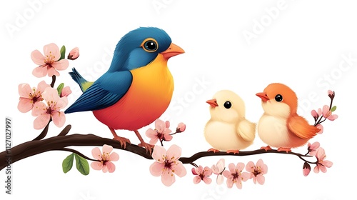 Vibrant Spring Bird Family: Digital Illustration of Parent and Chicks on Cherry Blossom Branch AI Generated