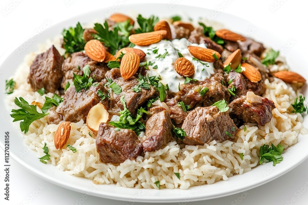 Jordanian mansaf dish with lamb, rice, and yogurt sauce, garnished with almonds and parsley. Jordanian mansaf dish with lamb, rice, and yogurt sauce, garnished with almonds and parsley.