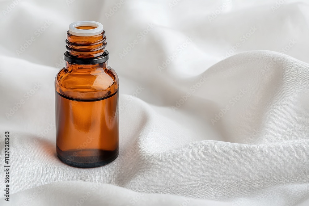 Small amber essential oil bottle resting on soft white fabric