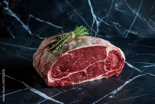 A photo of a raw silverside sirloin beef cut on a dark marble table photo