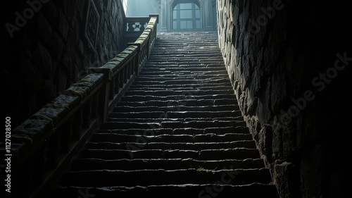 Stone staircase ascending to light through ancient walls