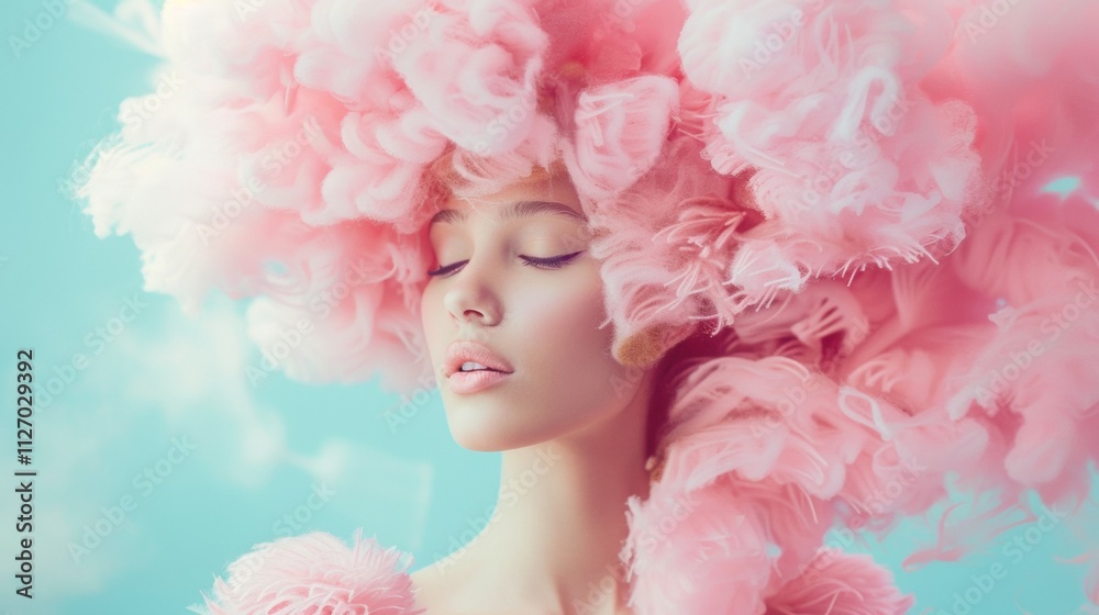 Surreal portrait with pink cotton-like headdress Surreal portrait with pink cotton-like headdress