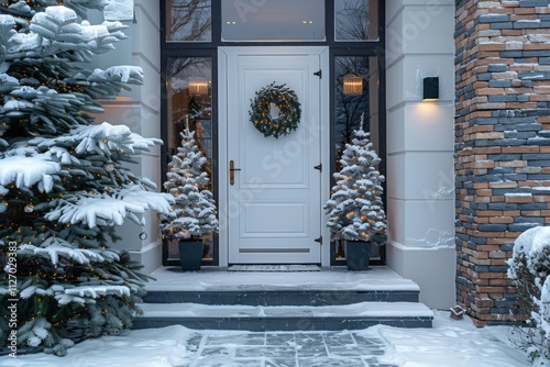 White door with Christmas wreath is in front of house with two small evergreen trees