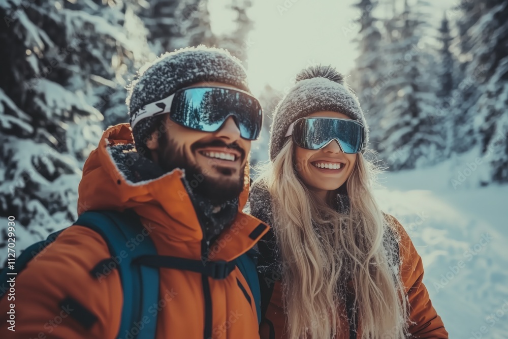 Happy skiers, bundled in warm winter clothing and ski goggles, smiling joyfully in a snowy forest, enjoying their winter holiday adventure surrounded by beautiful trees Happy skiers, bundled in warm winter clothing and ski goggles, smiling joyfully in a snowy forest, enjoying their winter holiday adventure surrounded by beautiful trees