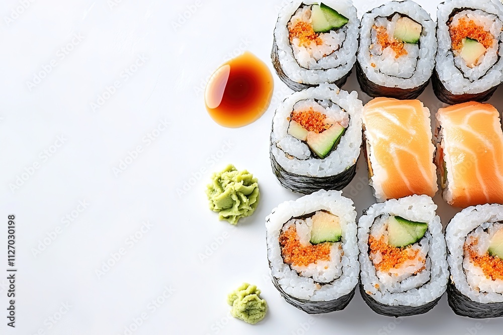 Sushi rolls with soy sauce, wasabi on white background Sushi rolls with soy sauce, wasabi on white background