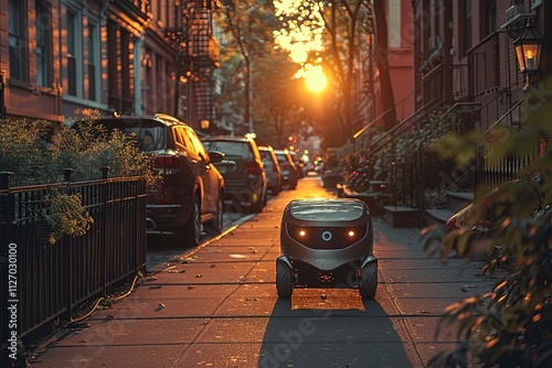 Fototapeta Naklejka Na Ścianę i Meble -  Automated delivery robot riding on city street on sunset
