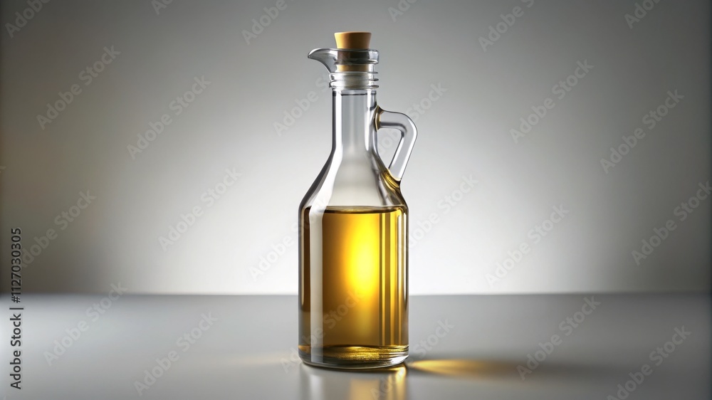 Clear oil bottle with a sleek design on gray background Clear oil bottle with a sleek design on gray background