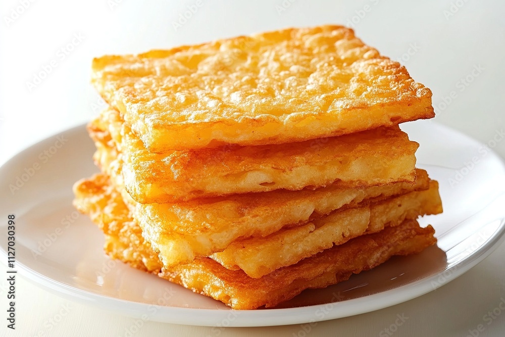 Crispy golden hash browns stacked neatly, served on a white plate. Crispy golden hash browns stacked neatly, served on a white plate.