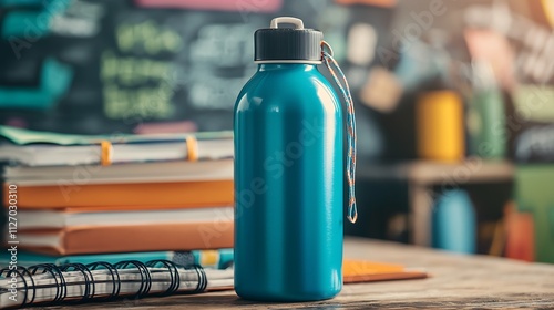 Blue water bottle on desk with school supplies.