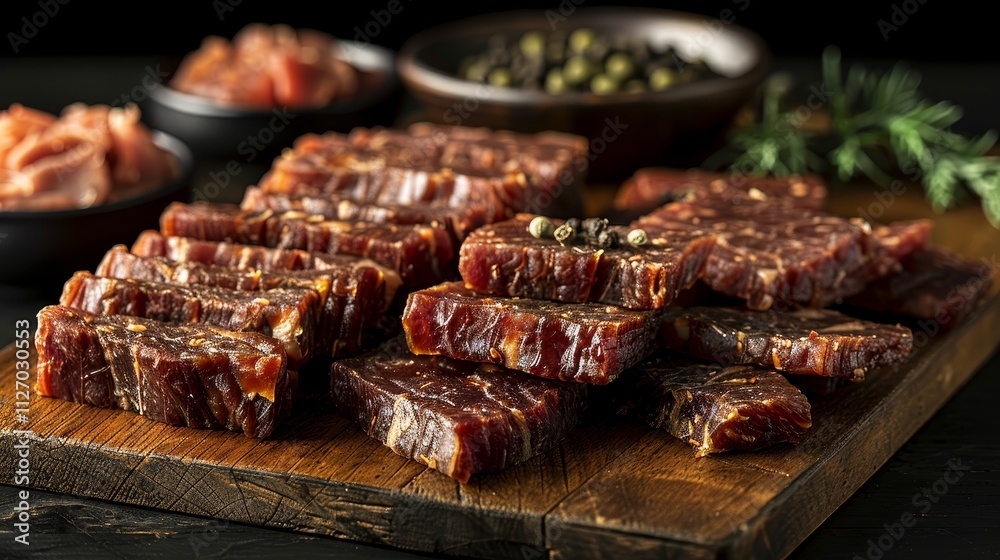 Sliced Beef Jerky with Peppercorns on a Wooden Cutting Board, Ideal for Food Photography Sliced Beef Jerky with Peppercorns on a Wooden Cutting Board, Ideal for Food Photography