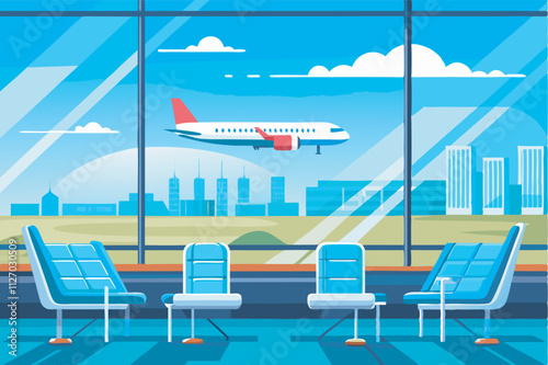 Airport waiting area overlooks tarmac with airplane taking off. Tranquil scene with blue chairs for passengers to watch airfield, conveying anticipation.
