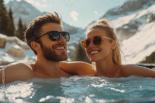 Smiling man and woman wearing sunglasses are enjoying a hot tub with a scenic mountain view in the background, creating a perfect romantic getaway photo