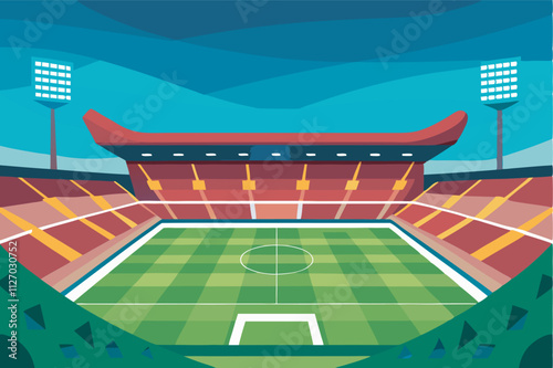 A vibrant cartoon-style soccer stadium with a red roof, yellow seats, floodlights, and a green field, framed by a black border against a dark blue sky.