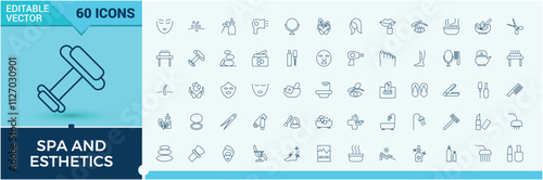 Set of Spa and Esthetics line icons. Contains such icons as immune, head, ayurveda, incense, oil, towel, homeopathy, oriental. Isolated icons design. Vector outline icons collection.