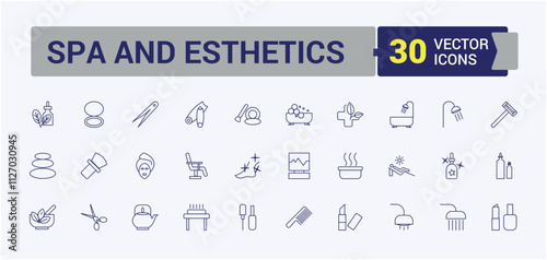 Set of Spa and Esthetics line icons. Contains such icons as immune, head, ayurveda, incense, oil, towel, homeopathy, oriental. Isolated icons design. Vector outline icons collection.