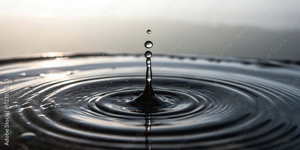 A Single Water Drop Creates Concentric Ripples in Still Water, a Moment of Tranquility and Simplicity A Single Water Drop Creates Concentric Ripples in Still Water, a Moment of Tranquility and Simplicity