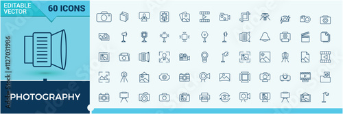 Photography icon set. It contains symbols to photographer, phone, selfie, no, photo, tripod and more. Modern thin icons. Editable vector icon and illustration.