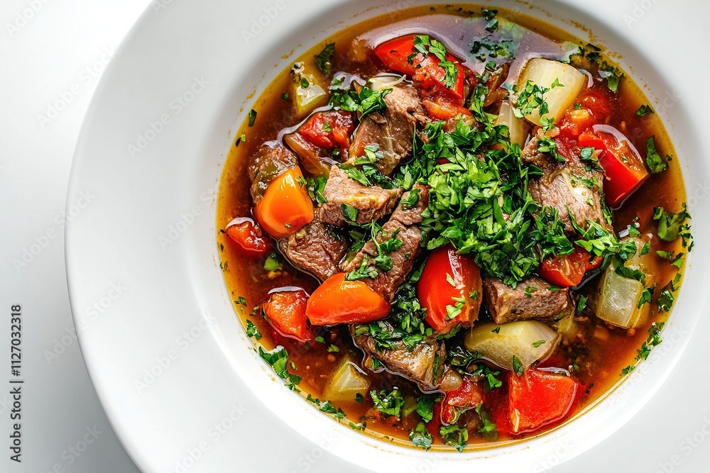 Hungarian lecsó stew served in a white bowl, vibrant colors of peppers, tomatoes, and onions, garnished with parsley. Hungarian lecsó stew served in a white bowl, vibrant colors of peppers, tomatoes, and onions, garnished with parsley.