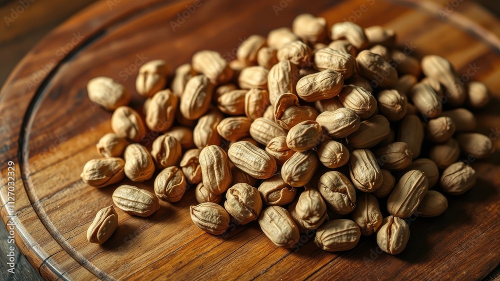 A heap of roasted peanuts sits on a rustic wooden board A heap of roasted peanuts sits on a rustic wooden board
