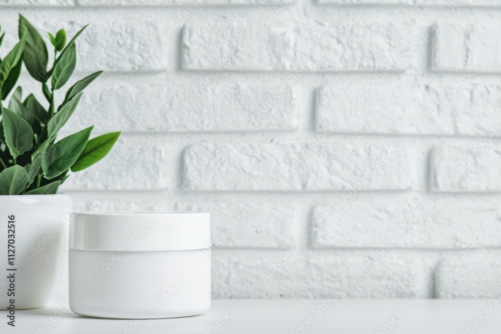 Elegant white face cream packaging enhancing skincare branding against a white brick wall Elegant white face cream packaging enhancing skincare branding against a white brick wall