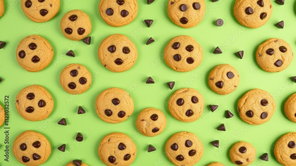 Sweet treat background of chocolate chip cookies and chocolate chips arranged on a green surface Sweet treat background of chocolate chip cookies and chocolate chips arranged on a green surface