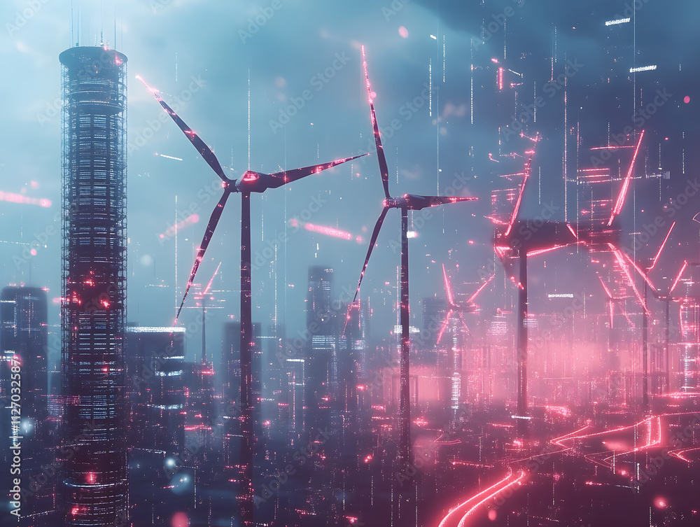 Wind generators, green energy and energy saving. Neural network AI generated art Wind generators, green energy and energy saving. Neural network AI generated art