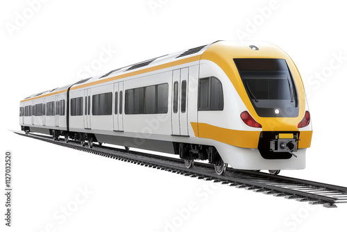 Modern yellow and white passenger express train moving on railway track, isolated on transparent background, ideal for travel and transportation projects