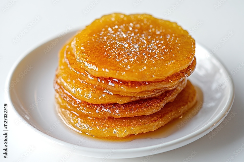 Korean hotteok pancakes stacked on a white plate, golden-brown surface glistening with syrup, minimal garnish. Korean hotteok pancakes stacked on a white plate, golden-brown surface glistening with syrup, minimal garnish.