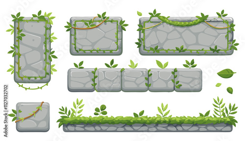 Stone game assets with lianas and leaves, creating a jungle or forest atmosphere for 2d platformers or other game projects