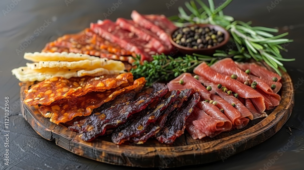 Meat Charcuterie Board. Variety Of Sliced Meats With Spices And Herbs On Rustic Wooden Board