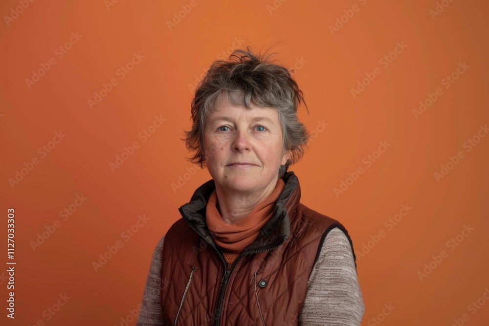 Portrait of a tender woman in her 50s dressed in a thermal insulation vest over pastel orange background Portrait of a tender woman in her 50s dressed in a thermal insulation vest over pastel orange background