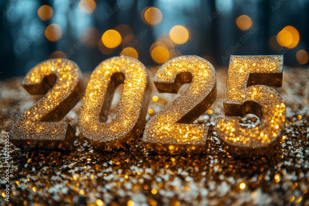 Gold number of glittery letters spelling out the number 2025, surrounded by a lot of sparkles Gold number of glittery letters spelling out the number 2025, surrounded by a lot of sparkles