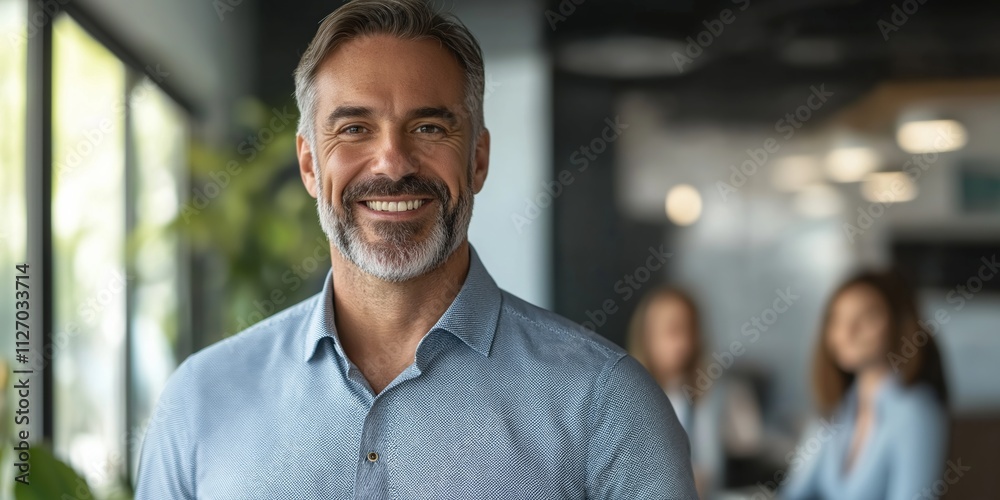 Fototapeta premium A man with a big smile on his face is standing in front of a group of people. He is wearing a blue shirt and a gray beard. The scene appears to be a professional setting