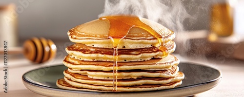 A fluffy stack of pancakes sitting on a plate, with steam rising from them as sweet honey slowly drizzles over each layer, creating a mouthwatering glistening effect. photo