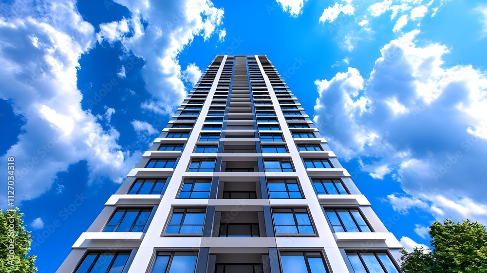 Modern high-rise building reaching towards a bright blue sky adorned with fluffy clouds, showcasing contemporary architecture in an urban environment Modern high-rise building reaching towards a bright blue sky adorned with fluffy clouds, showcasing contemporary architecture in an urban environment