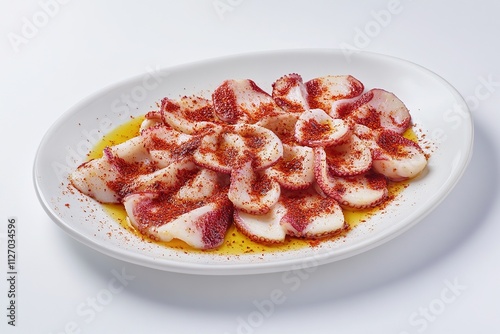  Pulpo a la Gallega served on a white plate, octopus slices garnished with paprika and olive oil.