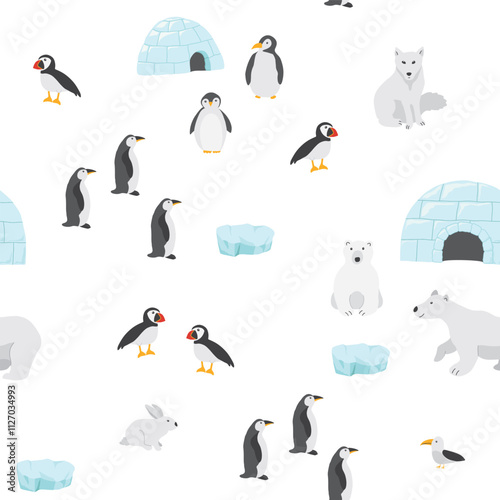 Polar animals seamless pattern. Cute Cartoon arctic animals background. Vector Illustration.