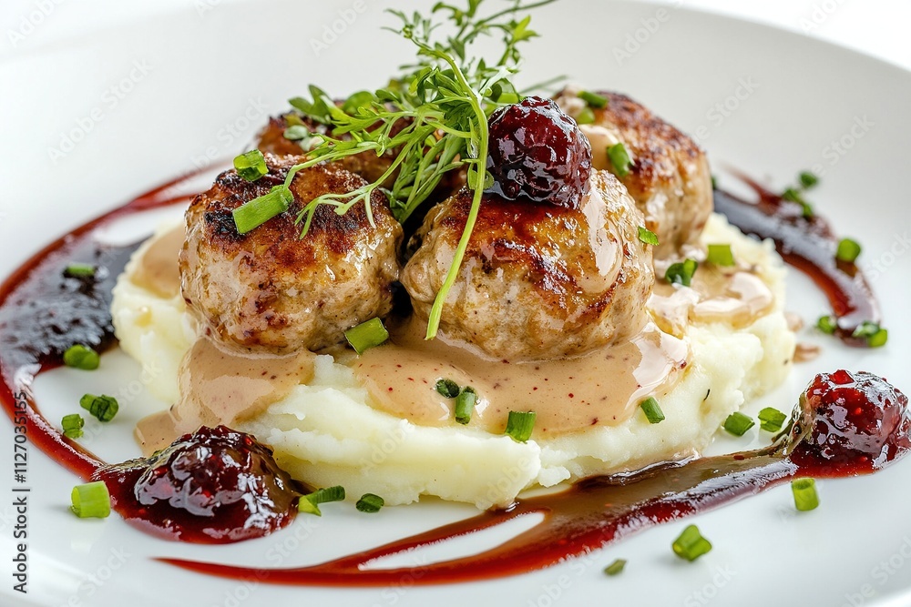 Swedish meatballs with mashed potatoes and lingonberry sauce. Swedish meatballs with mashed potatoes and lingonberry sauce.
